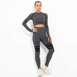 shopsharpe.com 2 PCS Gym Set Women Hollow Out Yoga Set Long Sleeve Top High Waist Tight Leggings Workout Clothes Sport Wear Women Fitness 2003