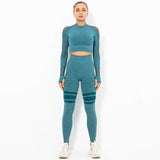 shopsharpe.com 2 PCS Gym Set Women Hollow Out Yoga Set Long Sleeve Top High Waist Tight Leggings Workout Clothes Sport Wear Women Fitness 2003