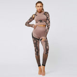 shopsharpe.com 2PCS Women Gym Crop Shirt Leggings Camouflage Print Thumb Hole Hollow Out Breathable Seamless Bodycon Fitness Set