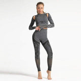 shopsharpe.com Black / S 2PCS Women Gym Crop Shirt Leggings Camouflage Print Thumb Hole Hollow Out Breathable Seamless Bodycon Fitness Set