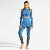 shopsharpe.com Blue / M 2PCS Women Gym Crop Shirt Leggings Camouflage Print Thumb Hole Hollow Out Breathable Seamless Bodycon Fitness Set