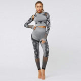 shopsharpe.com Gray / M 2PCS Women Gym Crop Shirt Leggings Camouflage Print Thumb Hole Hollow Out Breathable Seamless Bodycon Fitness Set