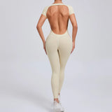 shopsharpe.com Beige / M Tejas Women’s Backless Short Sleeve Yoga Jumpsuit