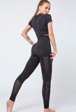 shopsharpe.com 2 Pcs Yoga Sport Suit Hollow Out Short Sleeve Fitness Crop Top+Seamless Leggings Tights Women Sportswear Gym Set Workout Clothes