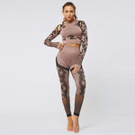 shopsharpe.com 2PCS Women Gym Crop Shirt Leggings Camouflage Print Thumb Hole Hollow Out Breathable Seamless Bodycon Fitness Set