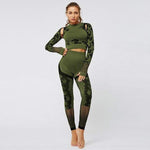 shopsharpe.com Army Green / L 2PCS Women Gym Crop Shirt Leggings Camouflage Print Thumb Hole Hollow Out Breathable Seamless Bodycon Fitness Set
