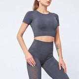 shopsharpe.com Gray / M 2 Pcs Yoga Sport Suit Hollow Out Short Sleeve Fitness Crop Top+Seamless Leggings Tights Women Sportswear Gym Set Workout Clothes