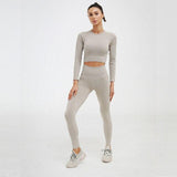 shopsharpe.com Khaki Long Suit / M Seamless Sportswear Long Sleeve Top Yoga 2 PCS Sports Shirts Bra+Leggings Gym Clothes Sport Fitness Tracksuit Workout Set Female