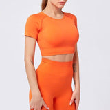 shopsharpe.com Orange / S 2 Pcs Yoga Sport Suit Hollow Out Short Sleeve Fitness Crop Top+Seamless Leggings Tights Women Sportswear Gym Set Workout Clothes
