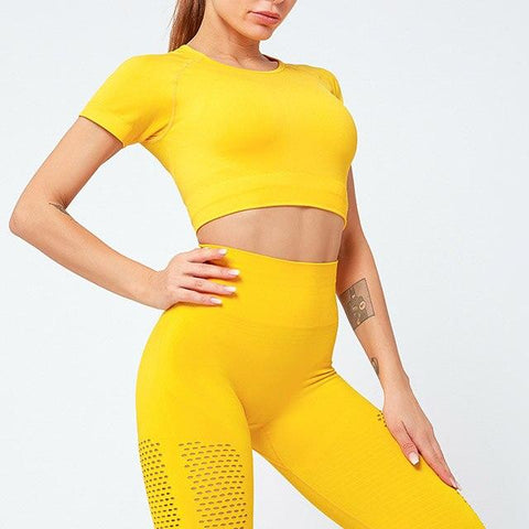 8552 Women Fitness Activewear Set Short Sleeve Crop Top+Leggings - Yellow /  XL Wholesale